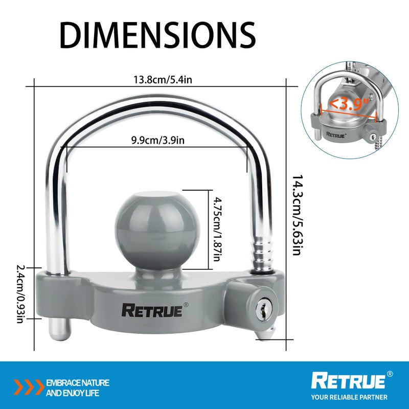 RETRUE Universal Coupler Lock Trailer Locks Ball Hitch Trailer Hitch Lock Adjustable Security Heavy-Duty Steel Fits 1-7/8 Inch, 2 Inch, 2-5/16 Inch Couplers, Grey - Image 2